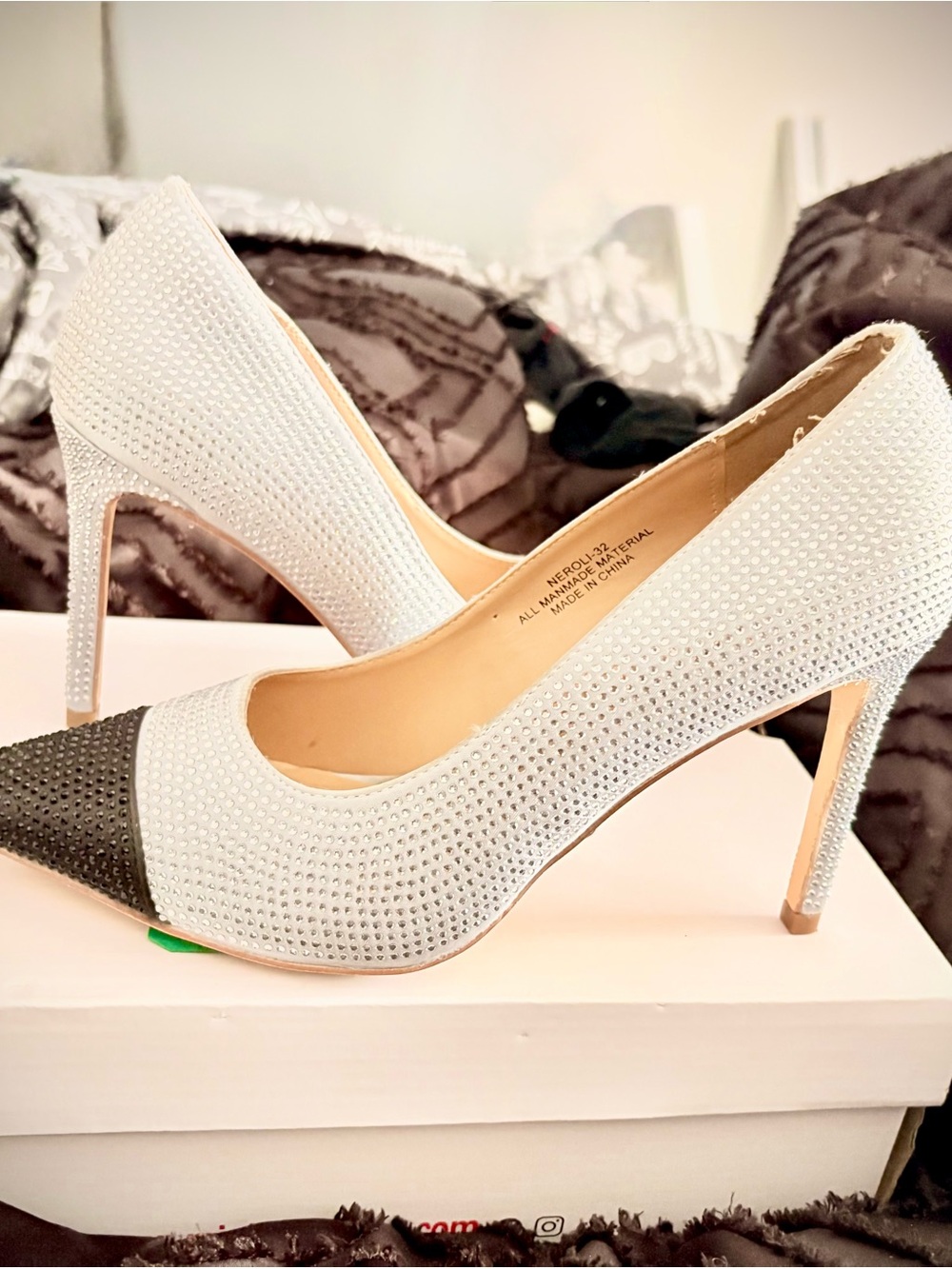 NIB Rouge! White Crystal Pointed-Toe Stiletto Heels with Black Toe Cap